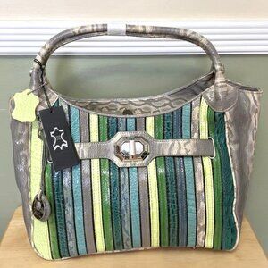 M.C. Marc Chantal Croco Embossed Genuine Leather Tote w/Stripes